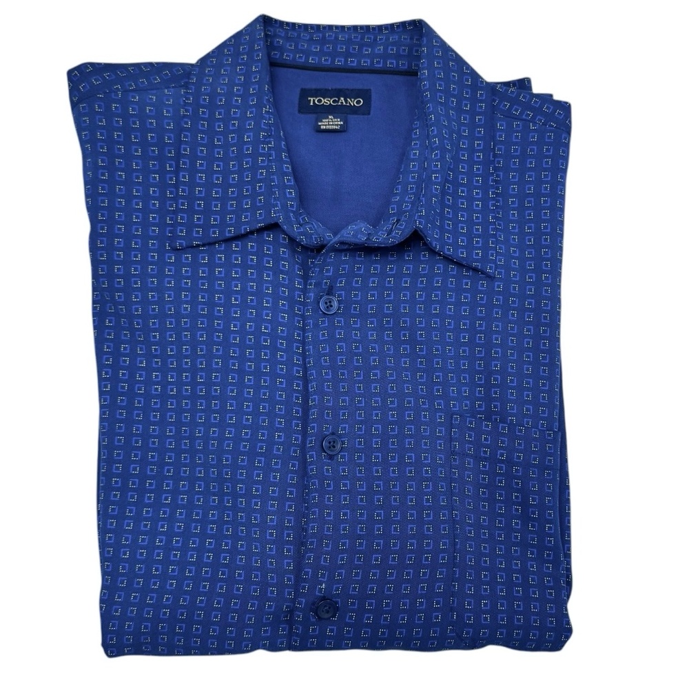 TOSCANO BLUE WITH GEOMETRIC DESIGN SILK BUTTON DOWN SHORT SLEEVE CAMP SHIRT